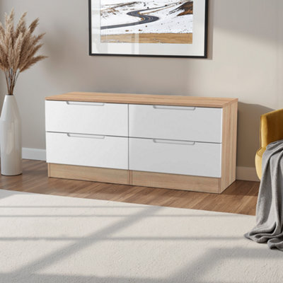 Messina Ready Assembled White & Oak 4 Drawer Wide Chest (H)495mm (W)1100mm (D)390mm - image 1