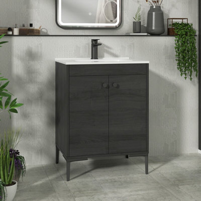 Royal Bathrooms Verona 600mm Black Woodgrain Floor Standing Vanity Unit 2 Door With Ceramic Basin & Matt Black Knob - image 1