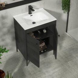Royal Bathrooms Verona 600mm Black Woodgrain Floor Standing Vanity Unit 2 Door With Ceramic Basin & Matt Black Knob - thumbnail 5