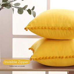 Deconovo Set Of 2 Pom Pom Crushed Velvet Cushion Covers With Invisible Zipper 50Cm X 50Cm Mellow Yellow - thumbnail 3