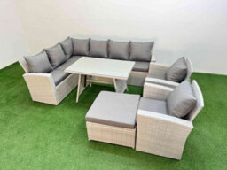 Fimous Garden Outdoor Rattan Furniture Set Rattan Corner Sofa Oblong Dining Table With 2 Armchairs Big Footstool 9 Seater - thumbnail 2