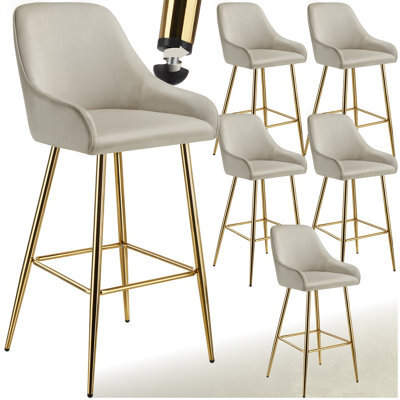 Tectake Bar Stool Avane - With Backrest, Upholstered, Velvet Look - Cream/gold, Set Of 6