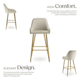Tectake Bar Stool Avane - With Backrest, Upholstered, Velvet Look - Cream/gold, Set Of 6 - thumbnail 3