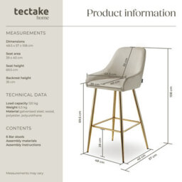 Tectake Bar Stool Avane - With Backrest, Upholstered, Velvet Look - Cream/gold, Set Of 6 - thumbnail 6