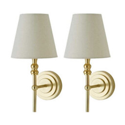 Valuelights Maggie Pair Of Brushed Gold Candlestick Wall Lights With Linen Shade And Bulbs