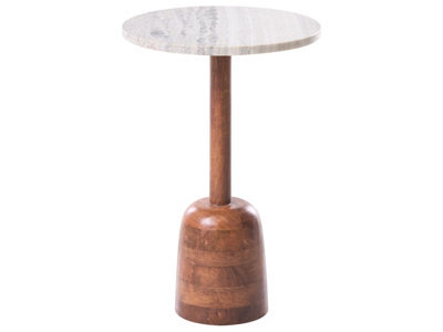 Wyld And Coco Round Side Table Brown Mango Wood Base With Marble Top, 36Cm Diameter, Modern Living Room - image 1
