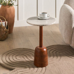Wyld And Coco Round Side Table Brown Mango Wood Base With Marble Top, 36Cm Diameter, Modern Living Room - thumbnail 2