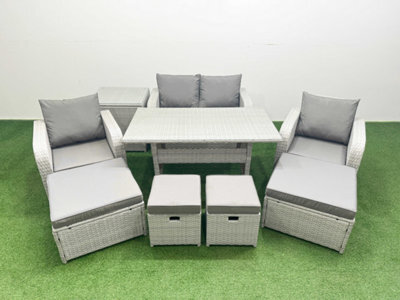 Fimous 8 Seater Outdoor Garden Furniture Set With Dining Table Love Sofa 2 Big Footstools Side Table Light Grey - image 1