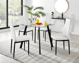 Furniturebox Seattle Scandi Inspired Glass And Black Metal Leg Square Dining Table & 4 White Milan Faux Leather Black Leg Chairs