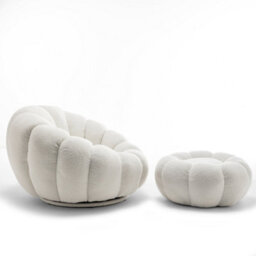Teddy Boucle Fabric White Swivel Accent Chair With Footstool - thumbnail 5