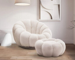 Teddy Boucle Fabric White Swivel Accent Chair With Footstool - thumbnail 1