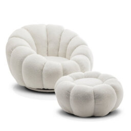 Teddy Boucle Fabric White Swivel Accent Chair With Footstool - thumbnail 3