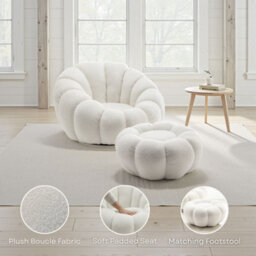 Teddy Boucle Fabric White Swivel Accent Chair With Footstool - thumbnail 9