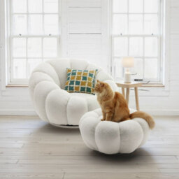 Teddy Boucle Fabric White Swivel Accent Chair With Footstool - thumbnail 8