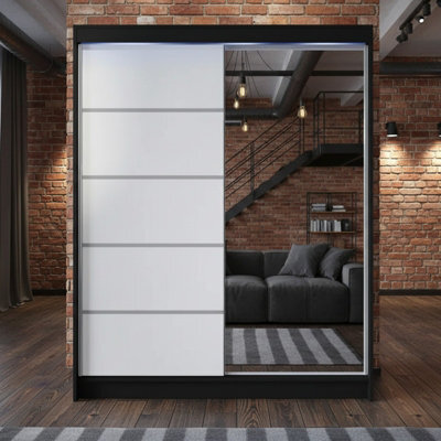 Camino 3 Sliding Wardrobe With Front Mirror And Rgb Led Lights Black White - image 1