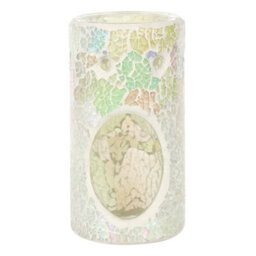 White Iridescent Glass Pillar Shaped Oil, Wax Melt Burner. Mirrored Crackle Effect. H14.5 Cm - thumbnail 3