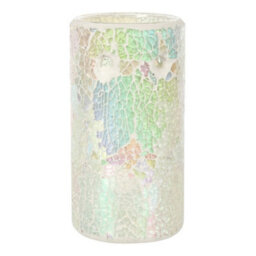 White Iridescent Glass Pillar Shaped Oil, Wax Melt Burner. Mirrored Crackle Effect. H14.5 Cm - thumbnail 2
