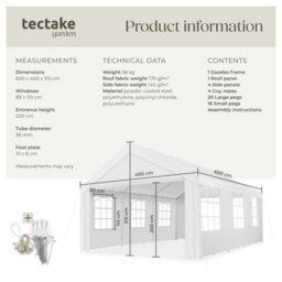 Tectake Gazebo Jasko - 6 X 4 M, 4 Side Panels, Weather & Uv-Resistant, Plug-In System 600 X 400 X 315 Cm - White - thumbnail 6