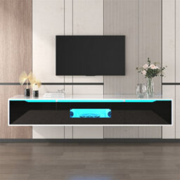 Abrihome Tv Cabinet, High-Gloss Tv Cabinet, Matching Colours In High-Gloss White And High-Gloss Black, With Colour-Changing Led Lights.  - thumbnail 8