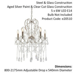 Aged Silver Ceiling Chandelier - 5 Bulb Light Decorative Ceiling Pendant Fitting - thumbnail 2