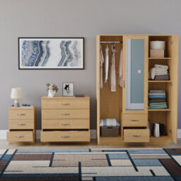 Lassic Vida Designs Riano 3 Piece Bedroom Set (3 Drawer Bedside Chest, 4 Drawer Chest, 3 Door 2 Drawer Mirrored Wardrobe), Pine - thumbnail 2