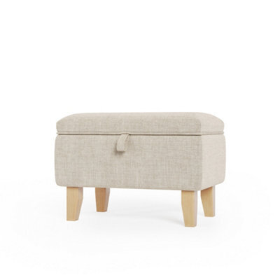 Living And Home Beige Linen Upholstered Livingroom Hallway Storage Ottoman Foot Stool With Rubberwood Leg W 490 X D 330 X H 350 mm - image 1