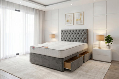 "Knight Sleep Athens Charcoal Plush 3Ft Bed Set With Mattress, 2 Drawers Same Side & 24""headboard - Single" - image 1