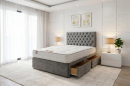"Knight Sleep Athens Charcoal Plush 3Ft Bed Set With Mattress, 2 Drawers Same Side & 24""headboard - Single"