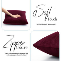 Ameha Burgundy Plain Velvet Cushion Covers, 18X18 Inch, Pack Of 2, Breathable & Hypoallergenic With Hidden Zip Closure - thumbnail 7