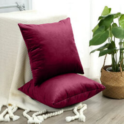 Ameha Burgundy Plain Velvet Cushion Covers, 18X18 Inch, Pack Of 2, Breathable & Hypoallergenic With Hidden Zip Closure - thumbnail 4