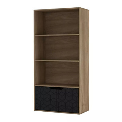 Urbn-Living Urbnliving 4 Tier Oak Wooden Bookcase Cupboard With Black Geo Doors Storage Shelving Display Cabinet - image 1