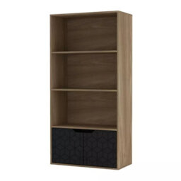 Urbn-Living Urbnliving 4 Tier Oak Wooden Bookcase Cupboard With Black Geo Doors Storage Shelving Display Cabinet - thumbnail 1