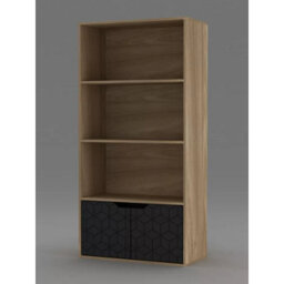 Urbn-Living Urbnliving 4 Tier Oak Wooden Bookcase Cupboard With Black Geo Doors Storage Shelving Display Cabinet - thumbnail 2