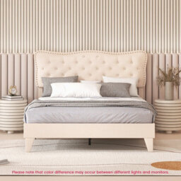 Costway King Size Bed Frame Wooden Slat Bed Platform W/ Upholstered Button Tufted Headboard - thumbnail 5