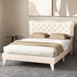 Costway King Size Bed Frame Wooden Slat Bed Platform W/ Upholstered Button Tufted Headboard - thumbnail 4