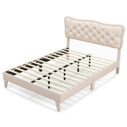 Costway King Size Bed Frame Wooden Slat Bed Platform W/ Upholstered Button Tufted Headboard - thumbnail 2
