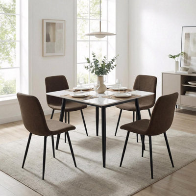 Fwstyle 5 Piece Cream Marble Effect Stone Square Dining Table & Dark Brown Chairs Set - image 1