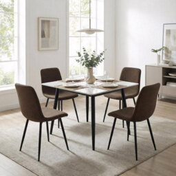 Fwstyle 5 Piece Cream Marble Effect Stone Square Dining Table & Dark Brown Chairs Set - thumbnail 1