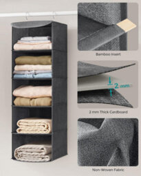 Songmics Hanging Wardrobe Storage Organisers, Set Of 2, Hanging Storage Shelves, Foldable Wardrobe Clothes Organisers, Grey - thumbnail 5