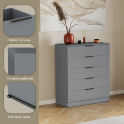 Lassic Vida Designs Trega Grey 5 Drawer Chest Anti-Bowing Support & Stylish Black Handles, (H)900mm X (W)660mm X (D)360mm - thumbnail 5
