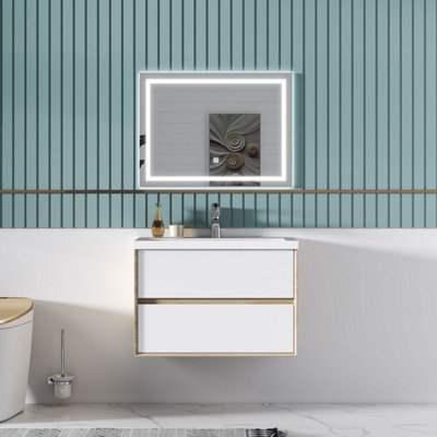 Sline 790mm Wall Mounted Bathroom Vanity Unit With Artificial Stone Basin,2 Soft Close Drawers For Storage,white,oak,flat Packed - image 1