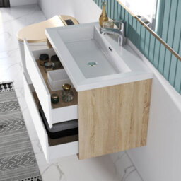 Sline 790mm Wall Mounted Bathroom Vanity Unit With Artificial Stone Basin,2 Soft Close Drawers For Storage,white,oak,flat Packed - thumbnail 6