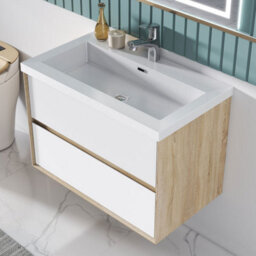 Sline 790mm Wall Mounted Bathroom Vanity Unit With Artificial Stone Basin,2 Soft Close Drawers For Storage,white,oak,flat Packed - thumbnail 5