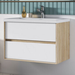 Sline 790mm Wall Mounted Bathroom Vanity Unit With Artificial Stone Basin,2 Soft Close Drawers For Storage,white,oak,flat Packed - thumbnail 4