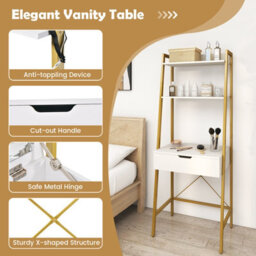 Costway 3 In 1 Vanity Dressing Table Set Book Storage Shelf Ladder Desk Cushioned Stool - thumbnail 9
