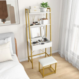 Costway 3 In 1 Vanity Dressing Table Set Book Storage Shelf Ladder Desk Cushioned Stool - thumbnail 3