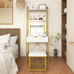 Costway 3 In 1 Vanity Dressing Table Set Book Storage Shelf Ladder Desk Cushioned Stool - thumbnail 4