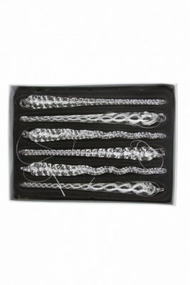 Gisela Graham Christmas Set Of 6 Clear Glass Icicle Decorations - 13.5 X 1 Cm Each, Twine Hangers, Gloss Finish
