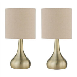 First Choice Lighting Set Of 2 Romana - Antique Brass Touch Table Lamp With Linen Shades - thumbnail 1