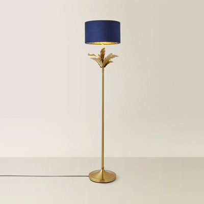 Valuelights Christina Navy Blue Velvet With Gold Inner Drum Shade Gold Palm Leaf Floor Lamp - image 1